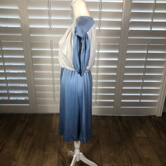 Vtg 70 Act I Blue Silver Blouson Disco Polyester Dress Medium Stretch 1/2 Sleeve - Picture 5 of 12